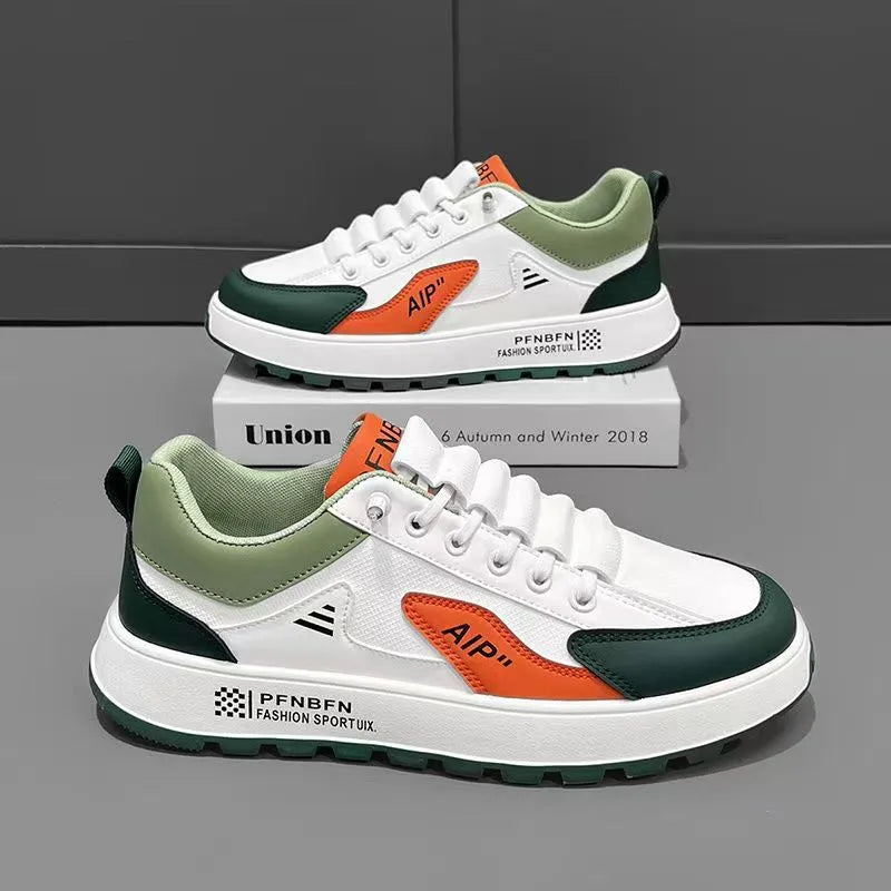 Men's round toe casual shoes in artificial PU, shown in M15 white-orange, white-black, and white-brown colour options