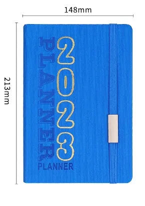 Creative student almanac schedule calendar notebook with imitation leather cover, open to show Daolin paper pages.