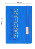 Creative student almanac schedule calendar notebook with imitation leather cover, open to show Daolin paper pages.