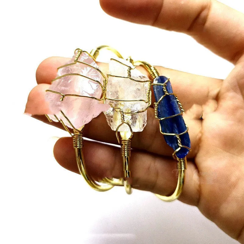 Natural crystal rough stone bracelet with gold winding geometric design and colour mixing variation
