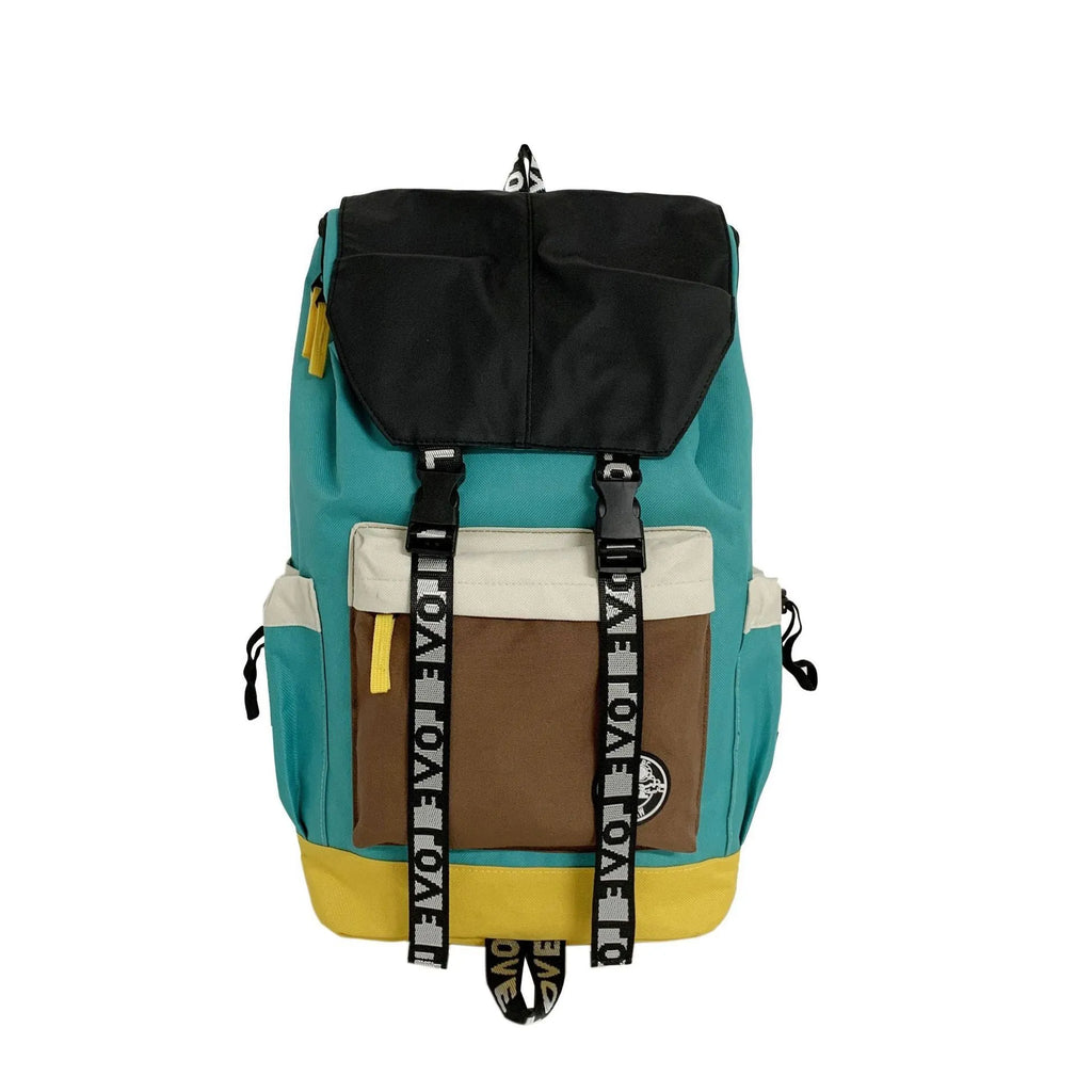 Oxford cloth school backpack showing black, green and red colour options with handheld and shoulder straps