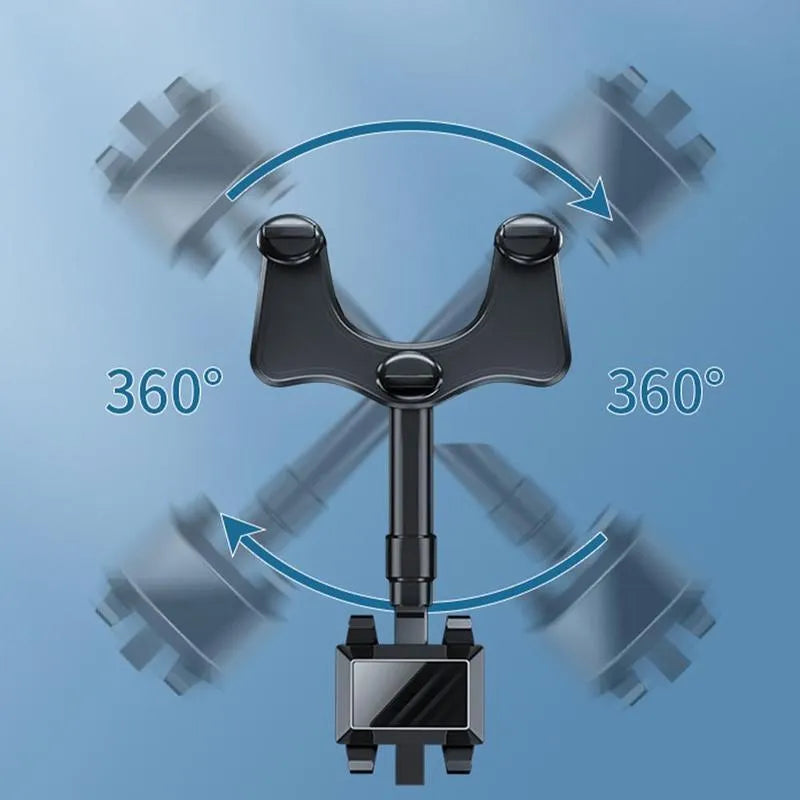 Black rearview mirror car phone holder with rotating head and telescopic arm extended.