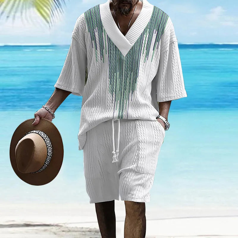 Men's printed drop-shoulder knitted short-sleeved top with matching shorts in polyester blend fabric