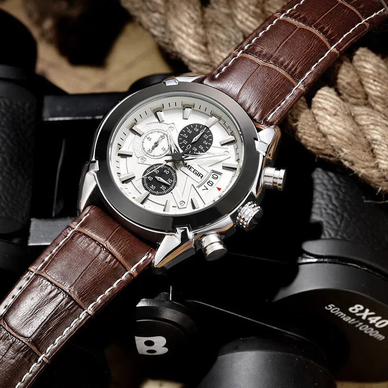 Men's multifunctional quartz watch with three-eye timing and luminous waterproof dial