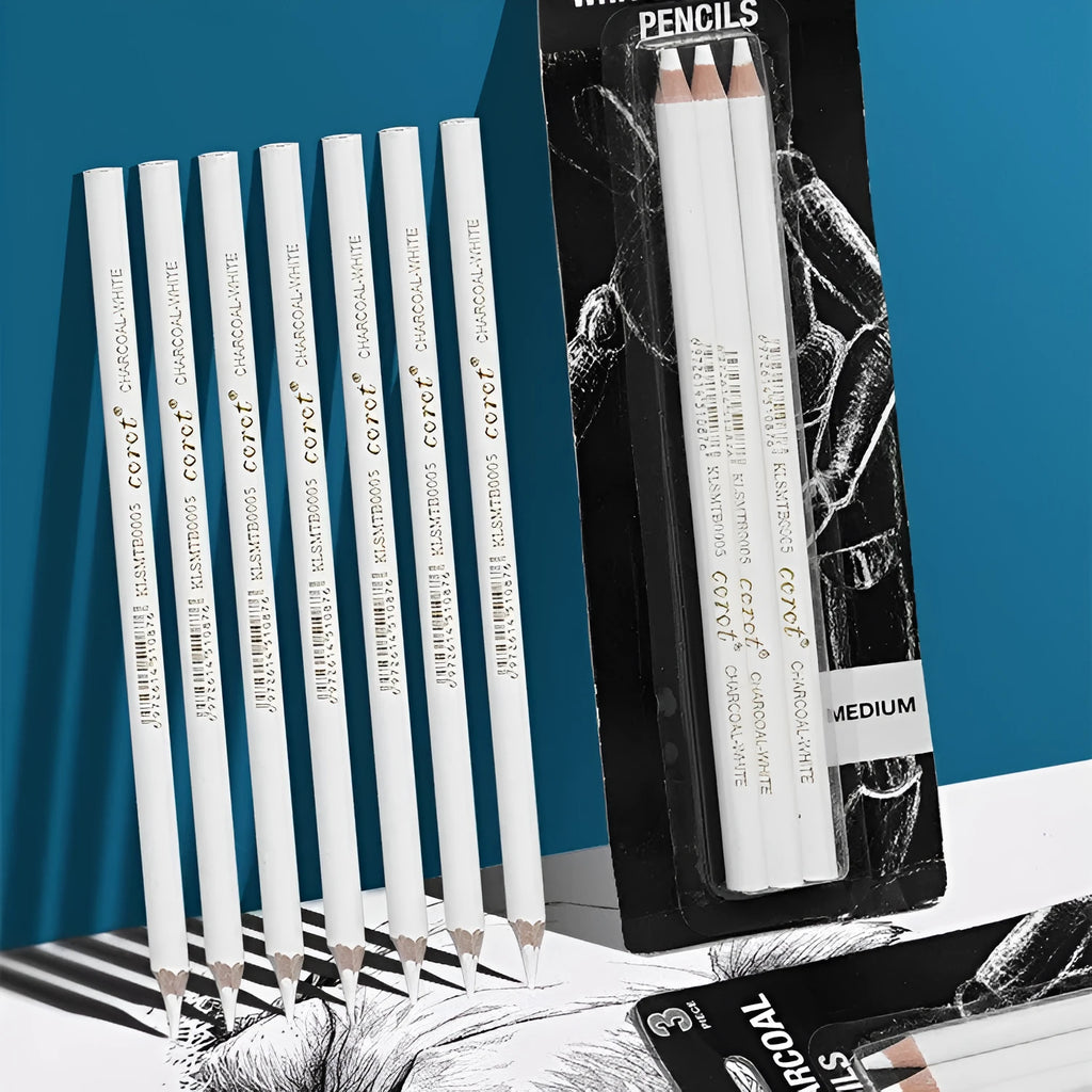 White charcoal highlighting pencils with wooden shells in 3-pack configuration