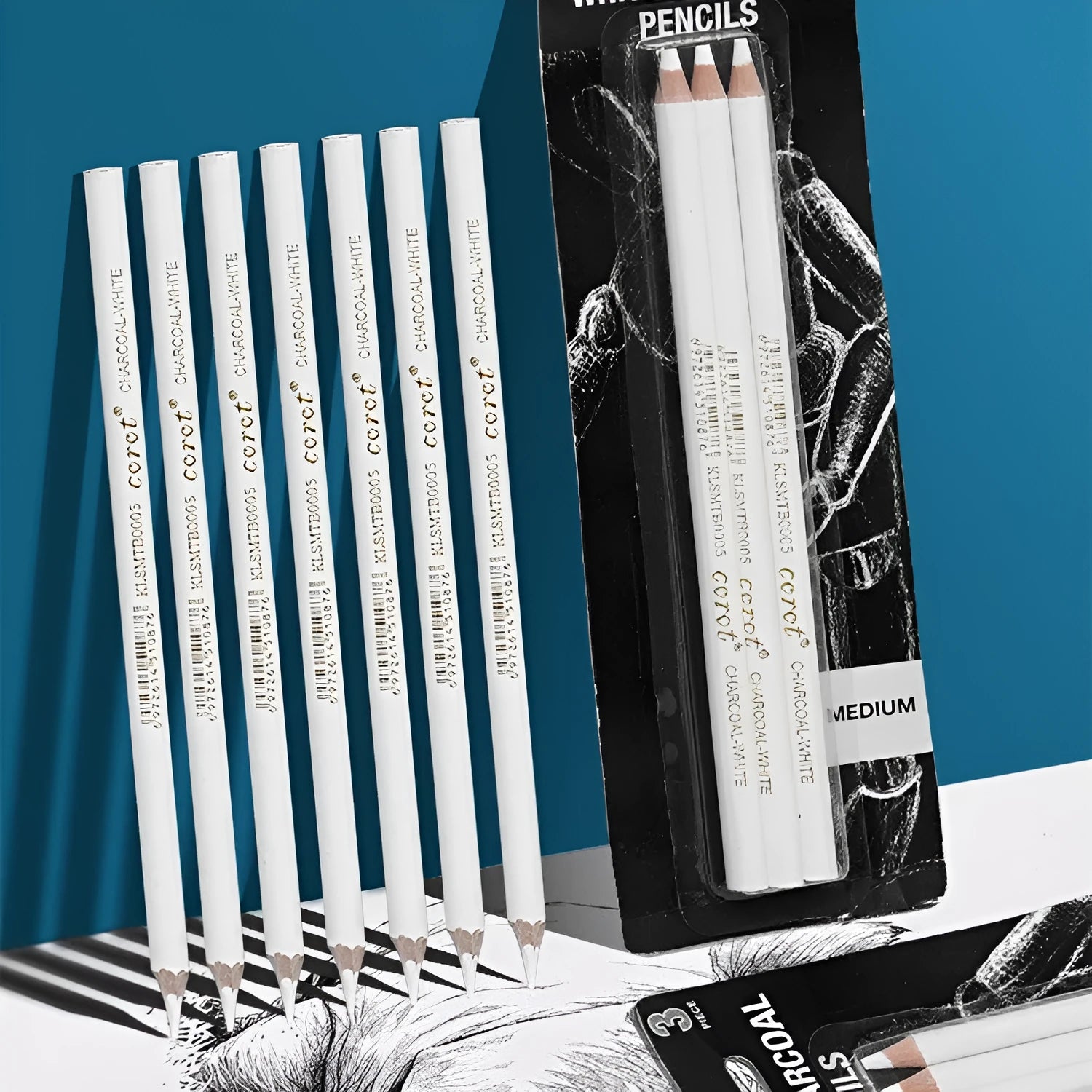 White charcoal highlighting pencils with wooden shells in 3-pack configuration