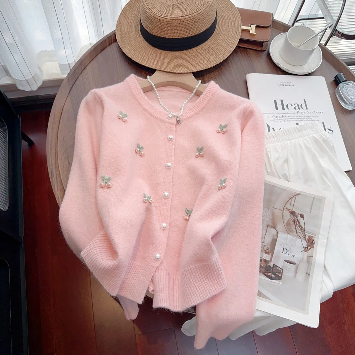 Women's beaded cashmere cardigan sweater coat in slim fit, shown in one of four available colours.