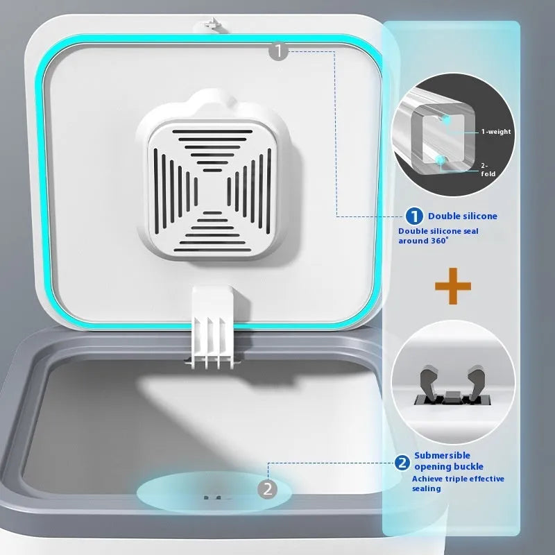 Grey plastic insect-proof moisture-proof rice storage jar with measuring cup in 10kg, 20kg, 30kg sizes.