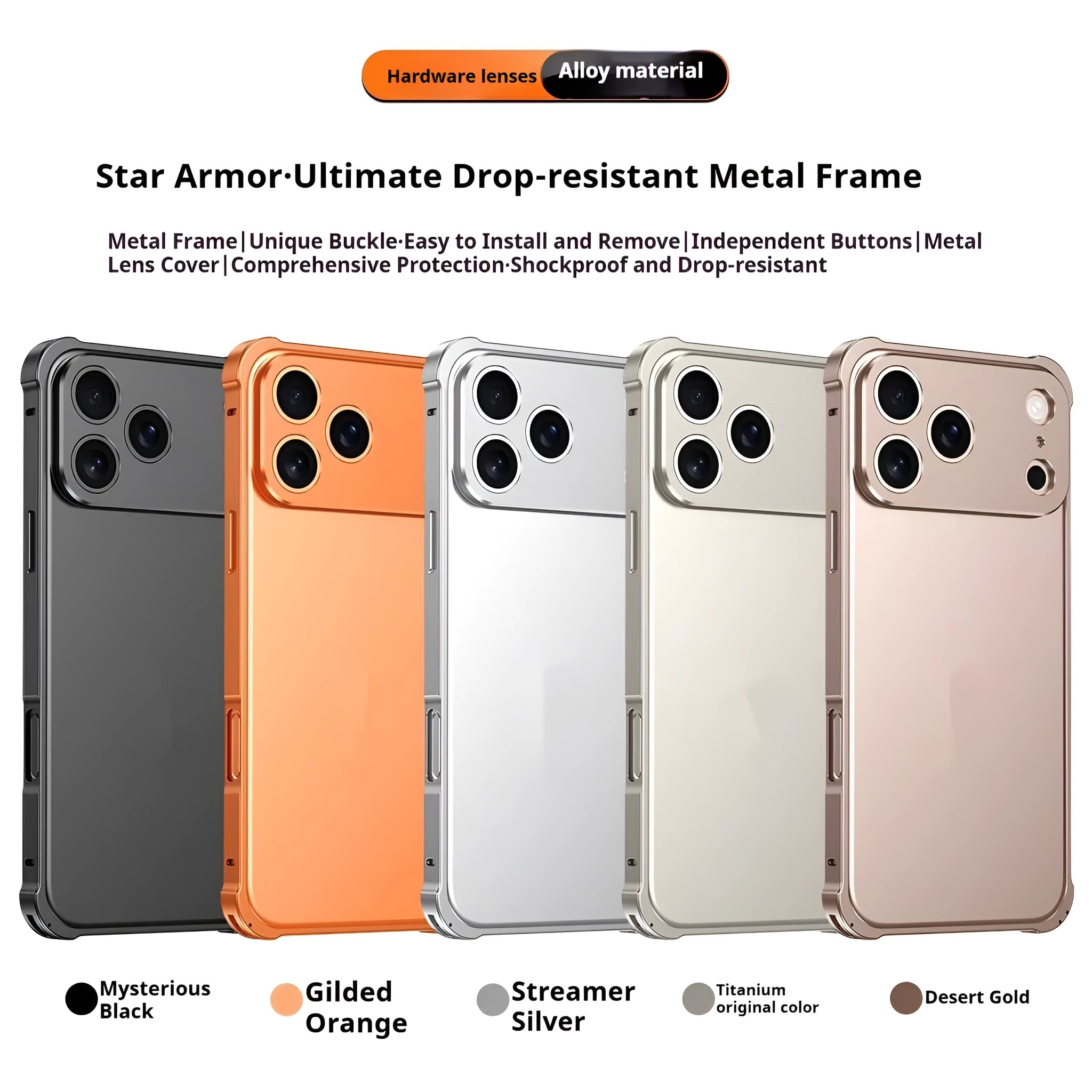 Alloy metal frame mobile phone case for iPhone 17 with seahorse buckle in a selection of five colours.