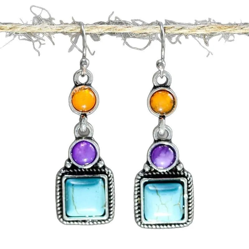 Ethnic style ancient silver alloy geometric round earrings for women