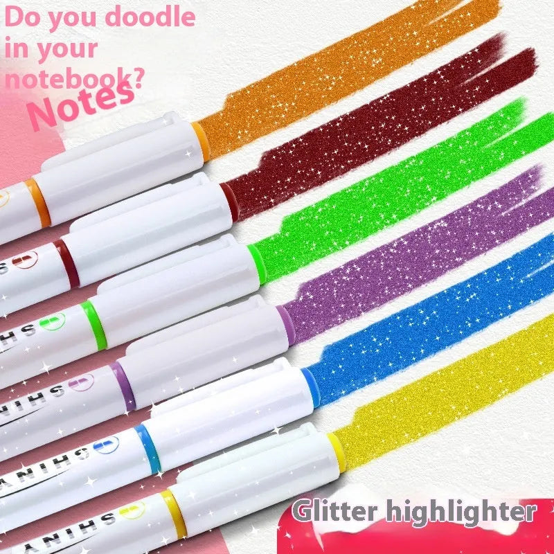 Sparkling Star River glitter highlighter pen set of four with slanted 4mm tips and six glitter ink colour options