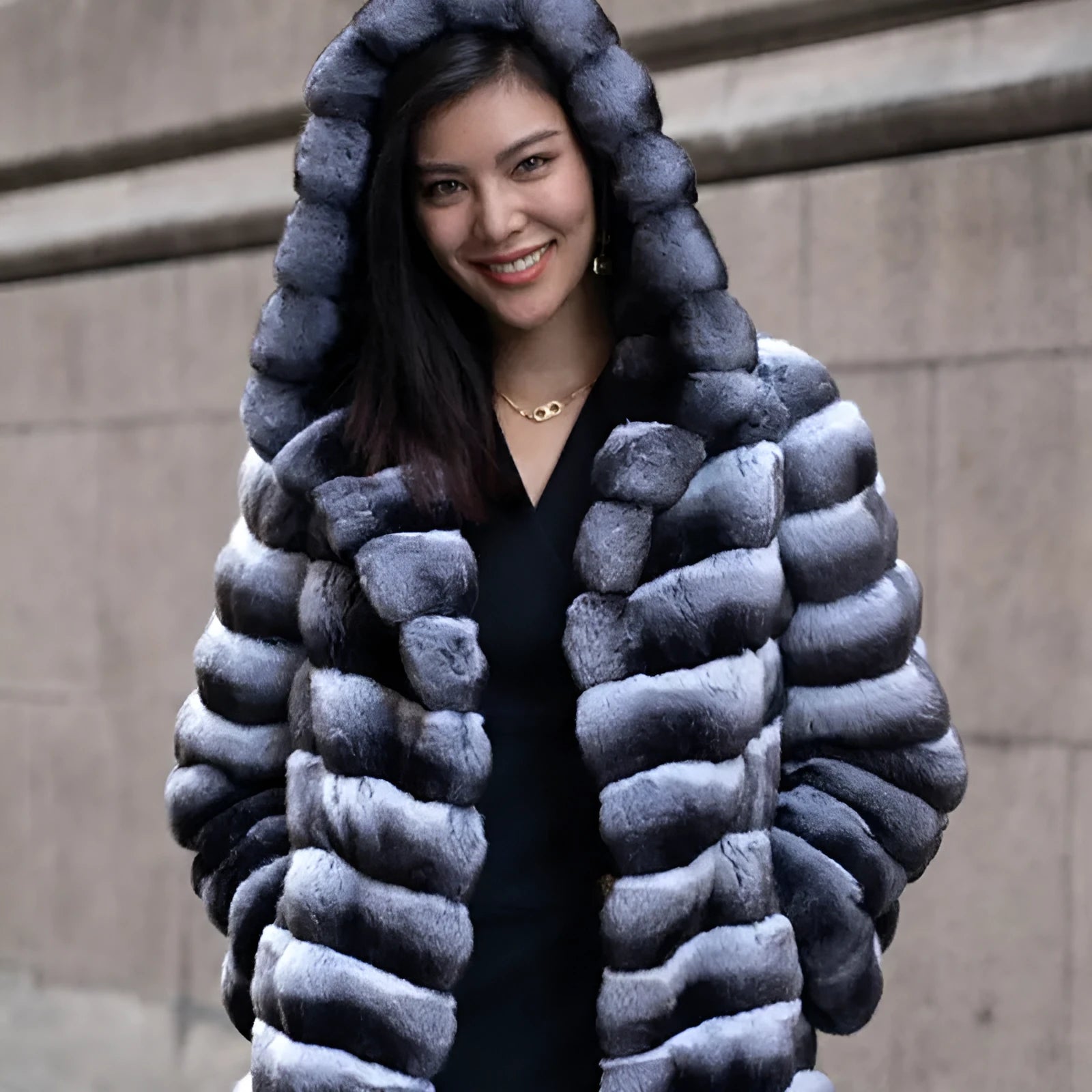 Women's mid-length zebra stripe faux fur overcoat with Japanese Korean casual style