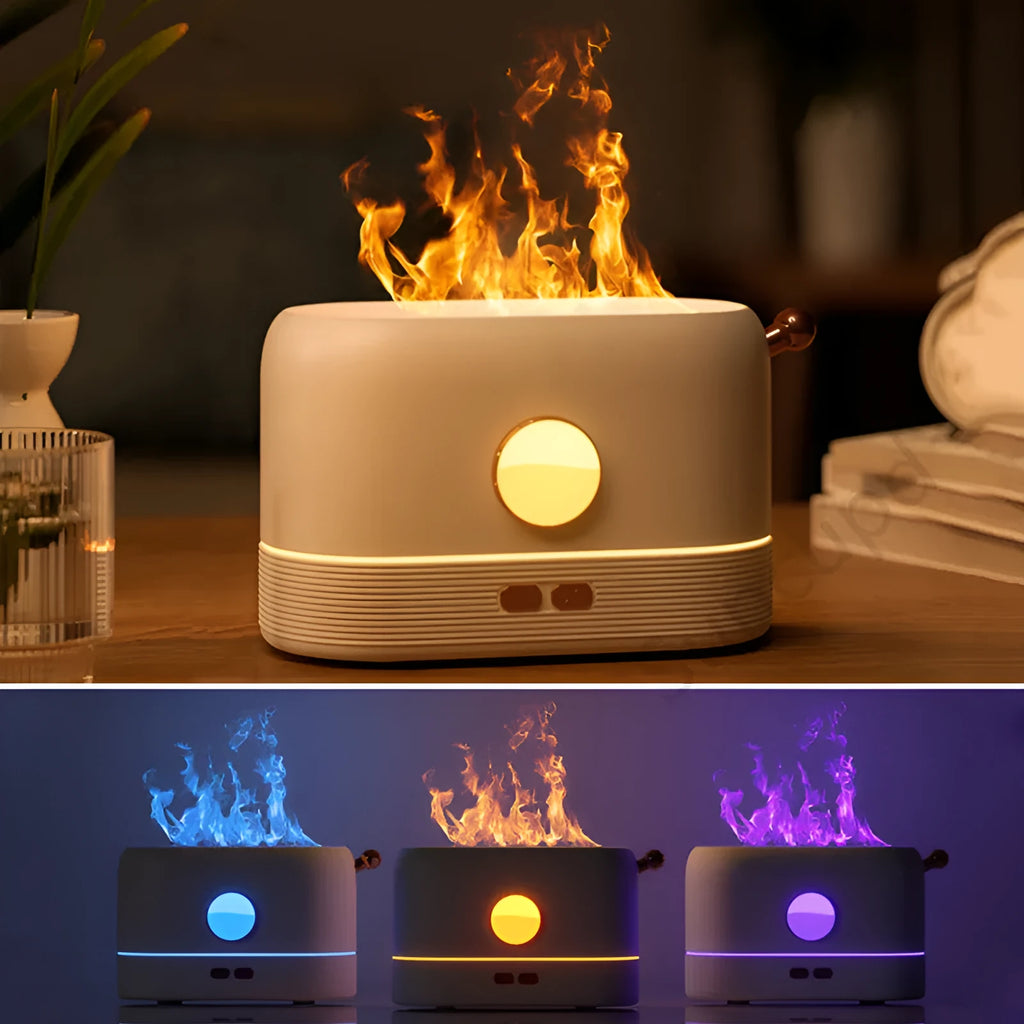 USB-powered simulation flame humidifier diffuser with LED lighting and 200ml water tank