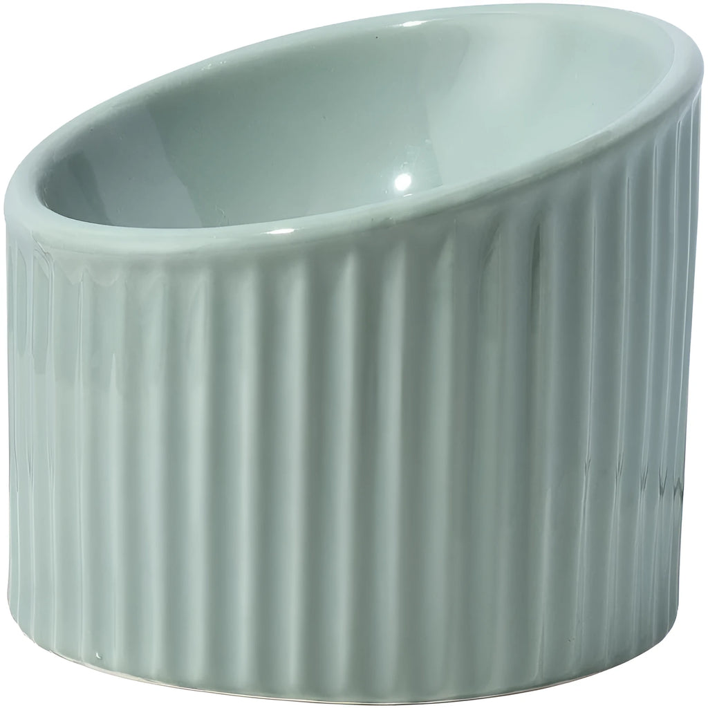 Elevated ceramic cat bowl in light green colour, showing tilted round design for whisker comfort.