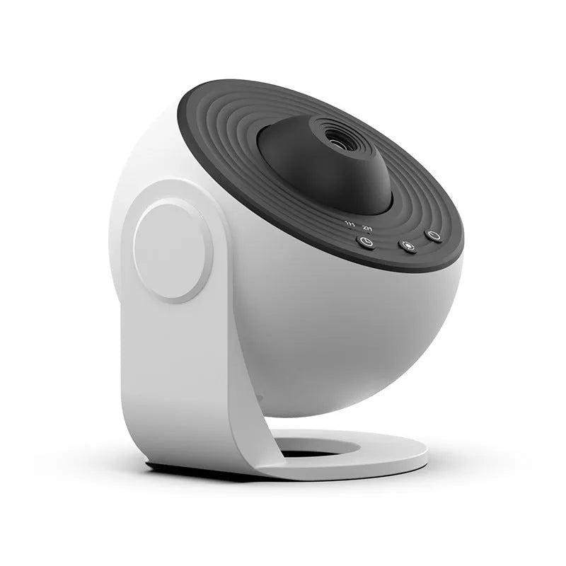 Black and white galaxy projector night light with 360-degree rotation, showing a starry sky film projection on a ceiling