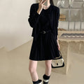 Women's grey art retro knitted cardigan and pleated vest skirt two-piece set.
