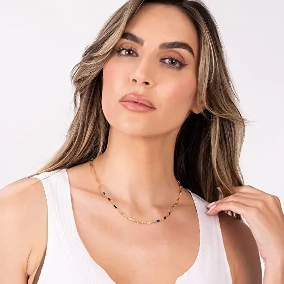 Geometric crystal necklace with alloy chain and random colour electroplated finish