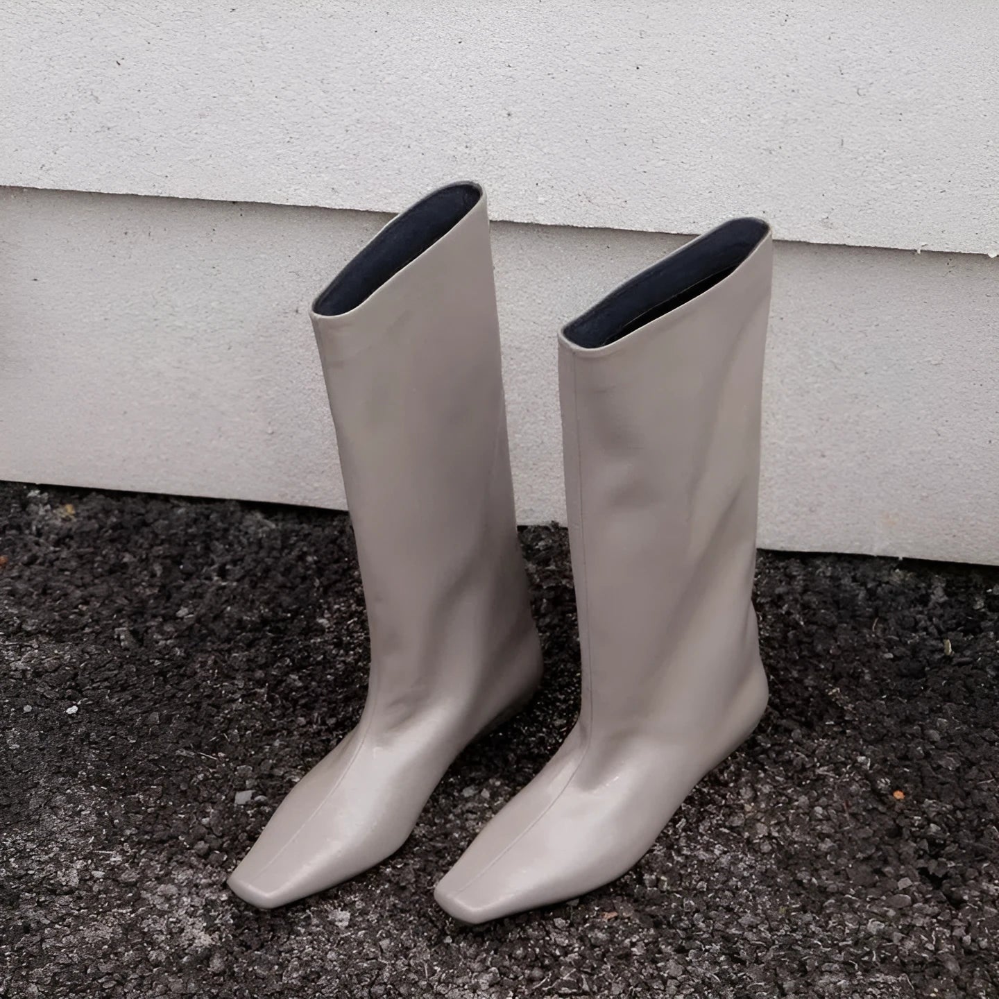 Women's black artificial PU leather knee-high boots with square toe, chunky heel, and non-slip rubber sole