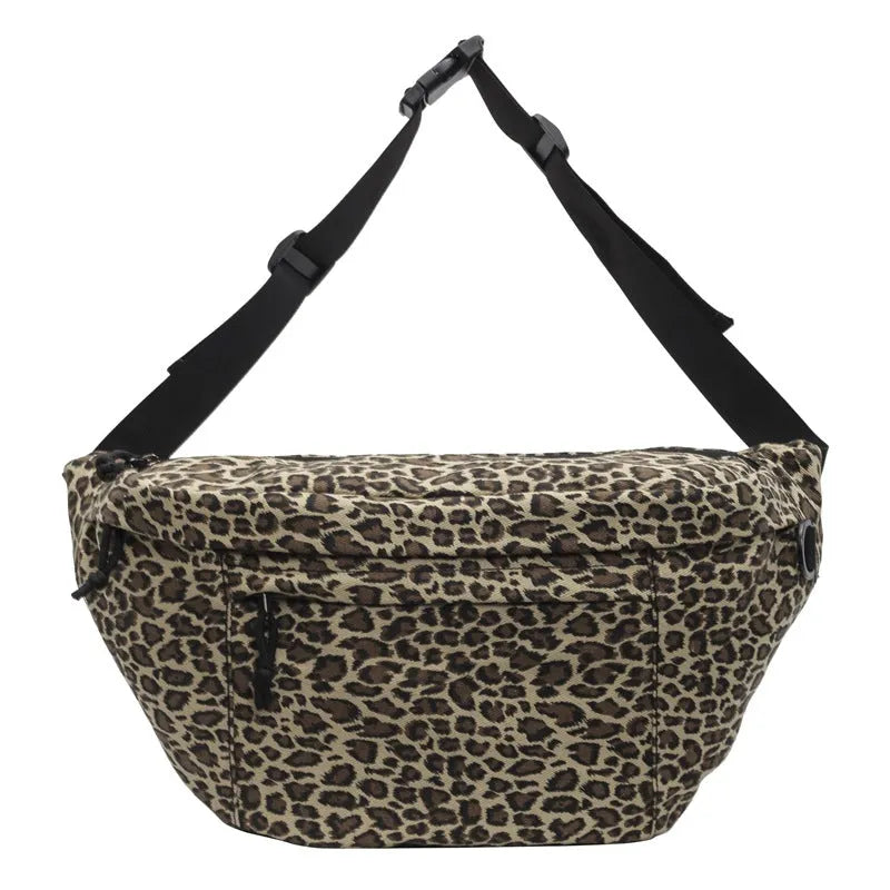 Retro canvas chest bag with leopard print and patchwork design, soft construction, available in multiple colours