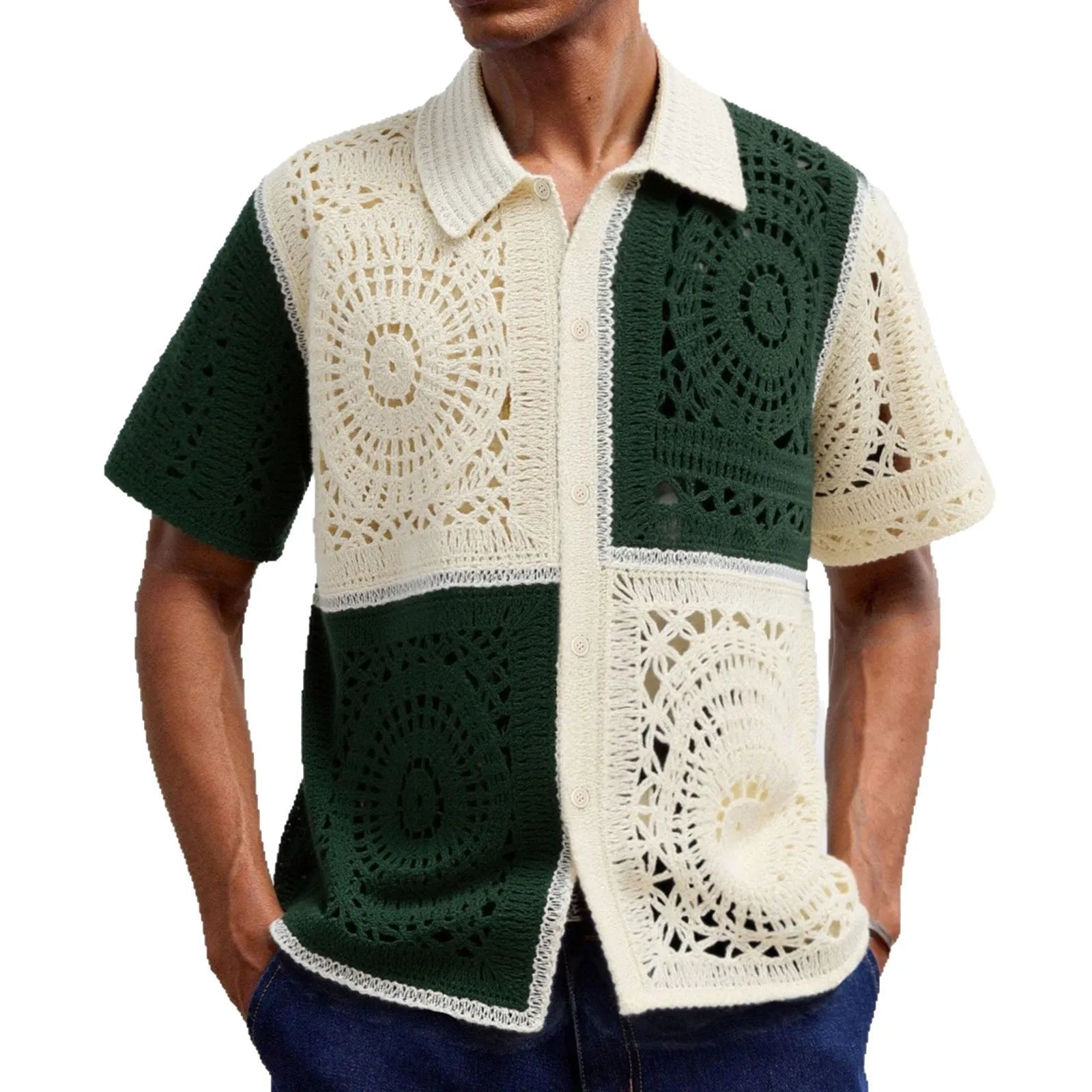 Beige men's knitted shirt with colourblock pattern and flocking detail on short sleeves.