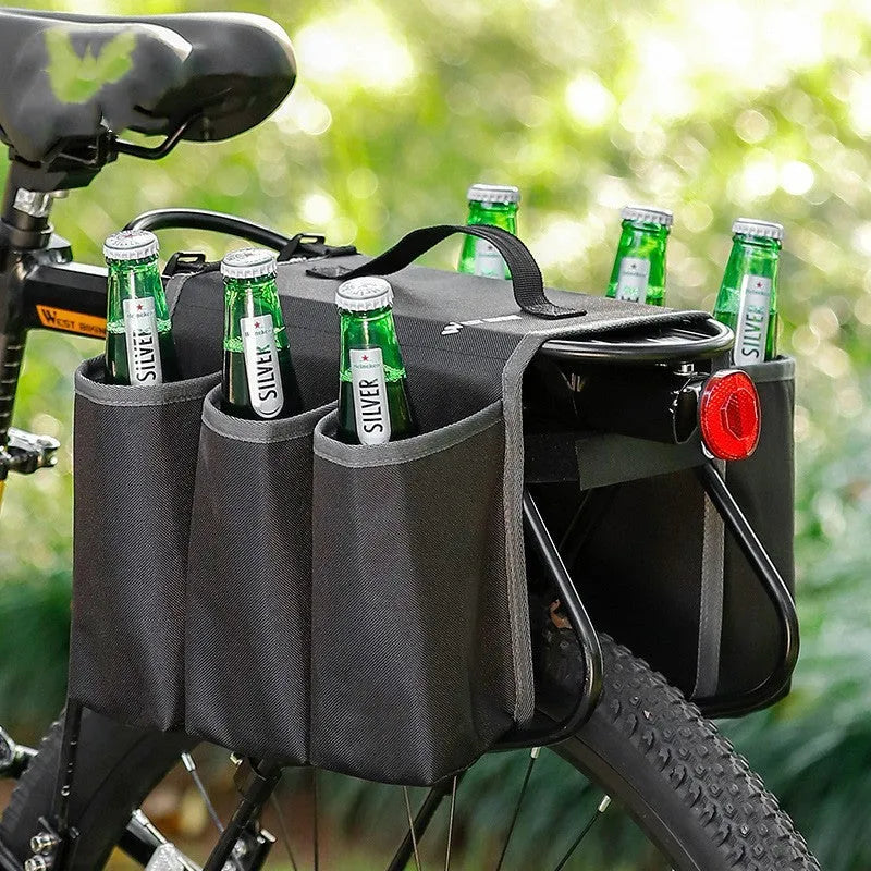 Black and orange double-sided bicycle beverage bag mounted on bike shelf with 2L capacity