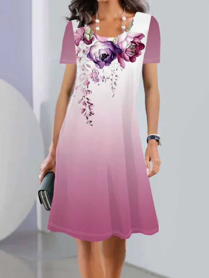 Ice silk summer dress with plants and flowers print, A-line skirt, short sleeves, and round neck.