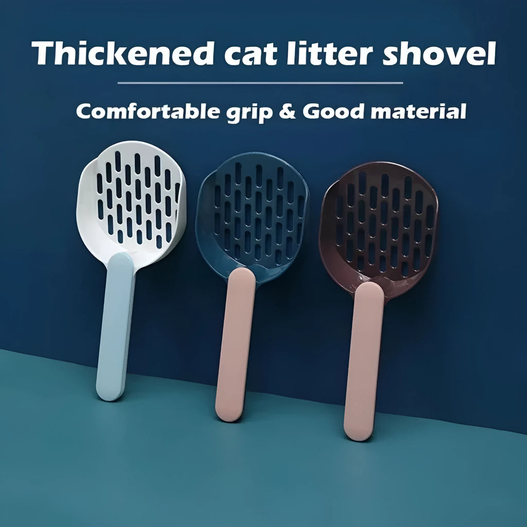 Blue plastic cat litter scoop with sifting holes for cleaning a litter box.
