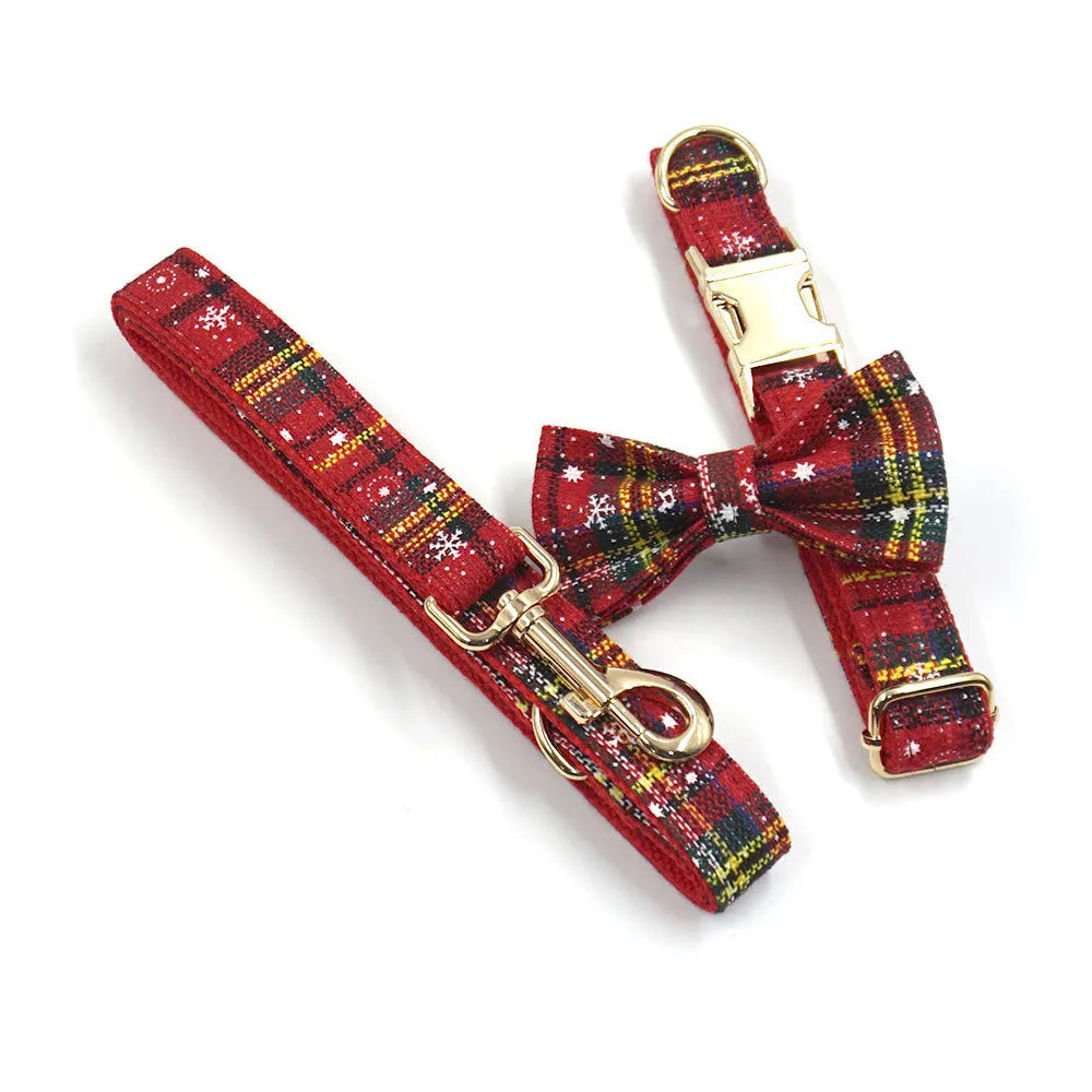 Red Christmas pet collar and harness set with matching leash, bow, and waste bag featuring laser-etched patterns