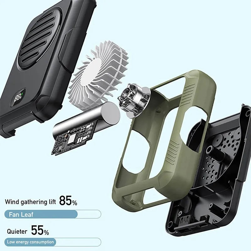 Green leafless waist hanging fan with USB charging port and neck strap