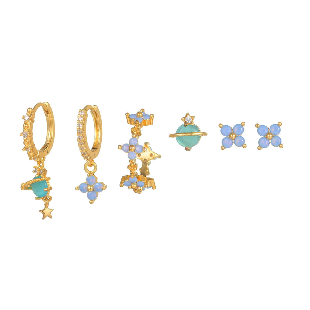 Gold and silver Japanese Korean style flower ear studs with zircon mosaic detail.