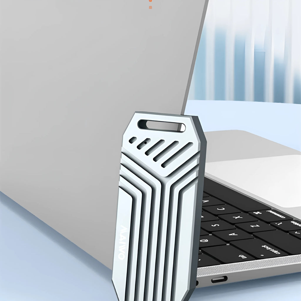 Silver aluminium Thunderbolt 4 external NVMe SSD enclosure for MacBook and PC