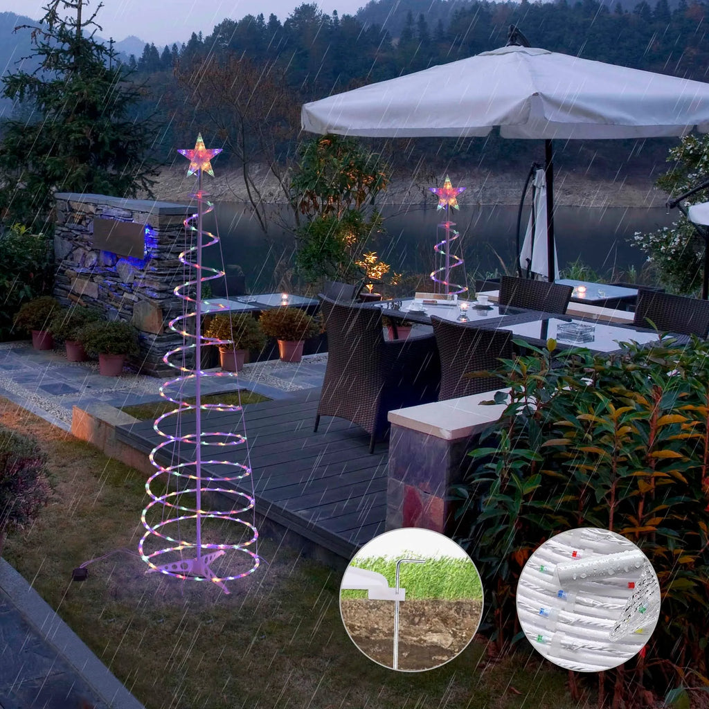 6FT tall LED spiral Christmas tree light set with remote control on a stand.