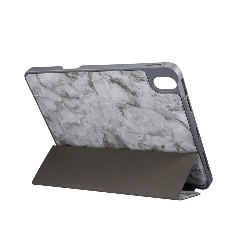Tri-fold marbling design imitation leather iPad case with a built-in pen slot.
