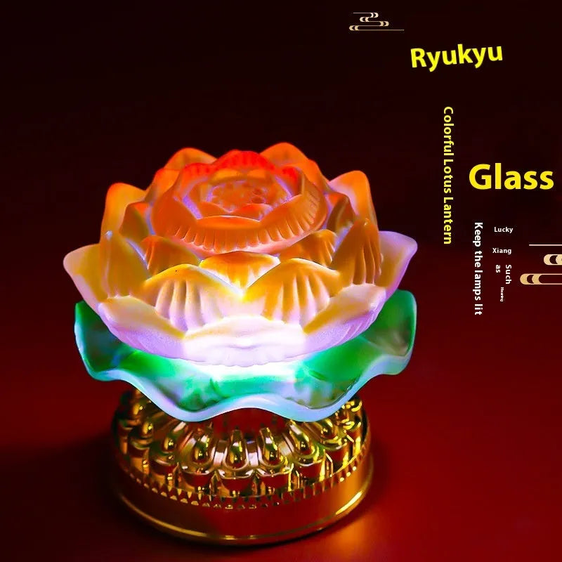 Yellow Chinese-style lotus lamp for Buddha altar decor in flower bud or flowering form