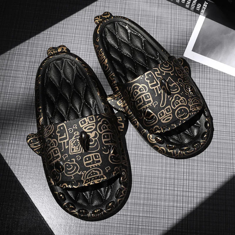 Shark-themed open-toe EVA slippers for couples in various colours on a white background.