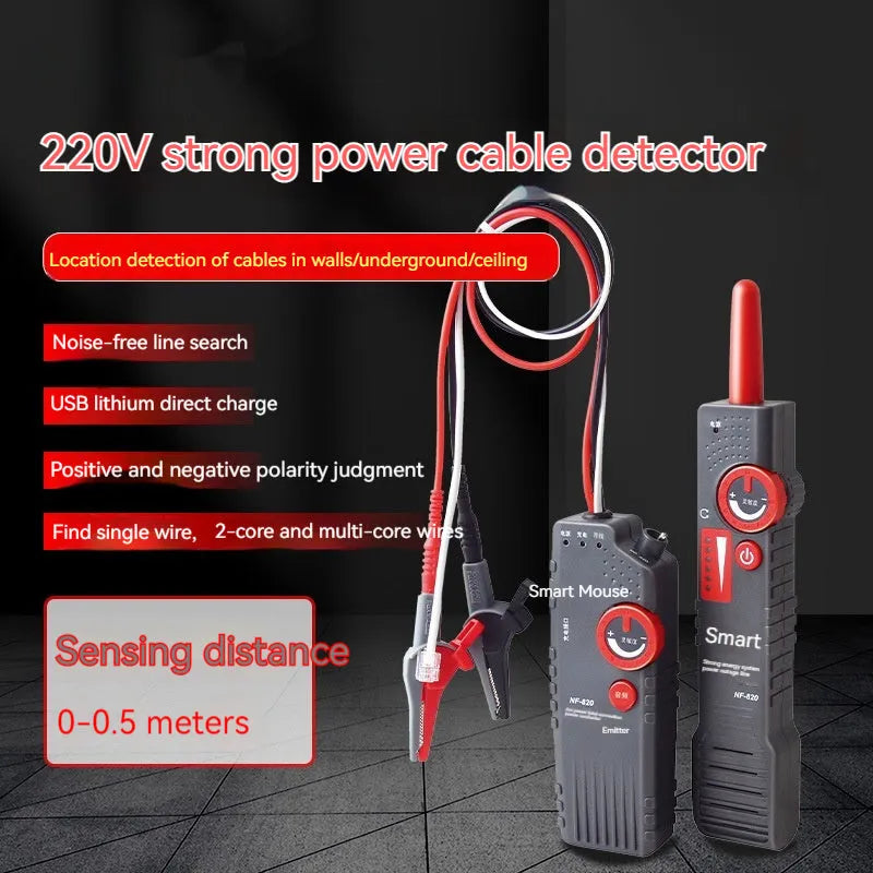 Buried wire cable tester line finder kit with transmitter, receiver, and accessories on a grey background