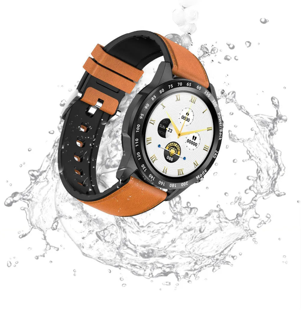 Zinc alloy Bluetooth smart watch with heart rate monitor on a leather strap showing its 1.3 inch touchscreen.