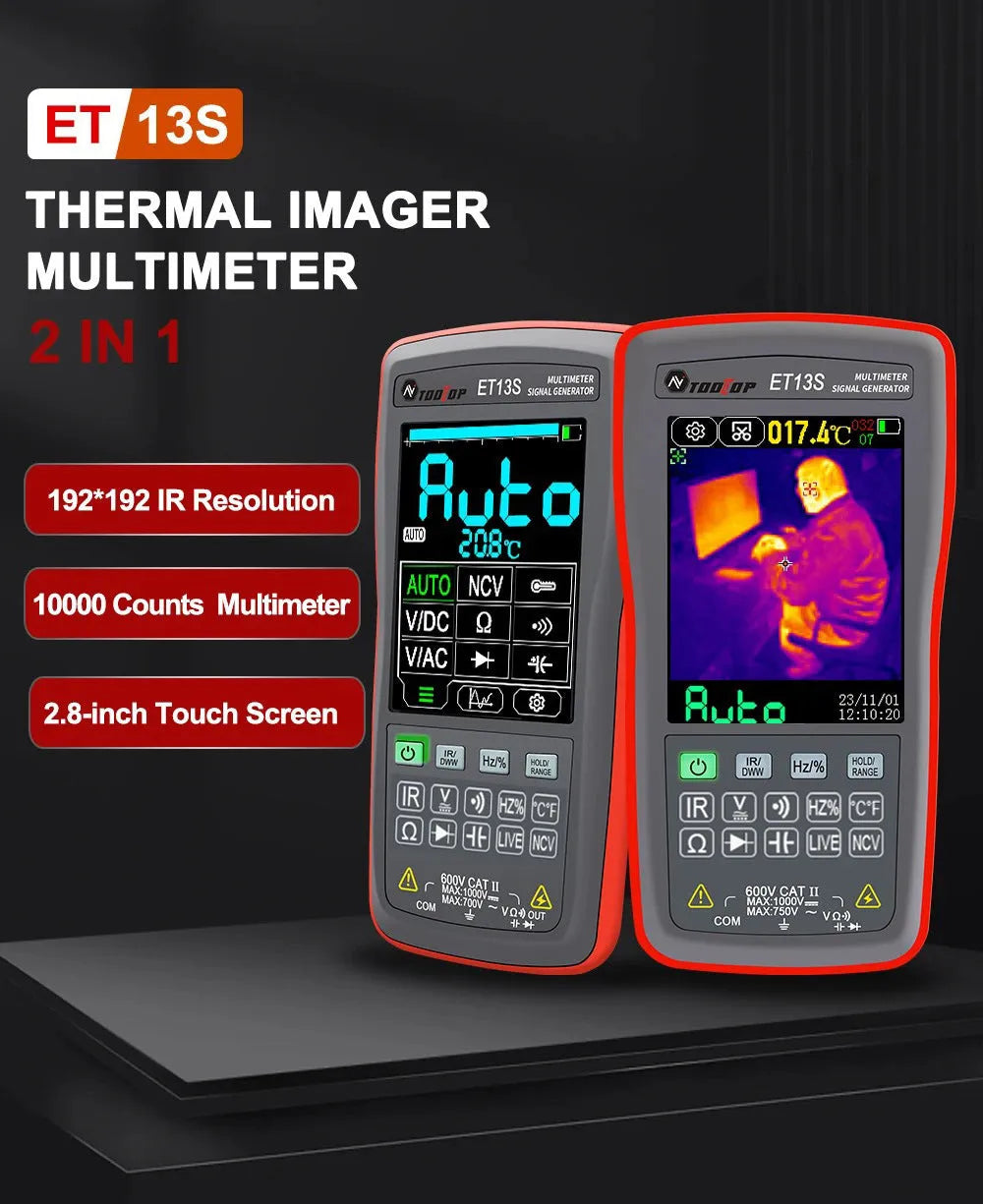 ET13S thermal imaging multimeter showing 192x192 resolution display with touch screen interface