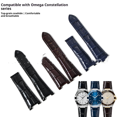 Bamboo pattern leather watch band for Observatory watches in black with silver buckle