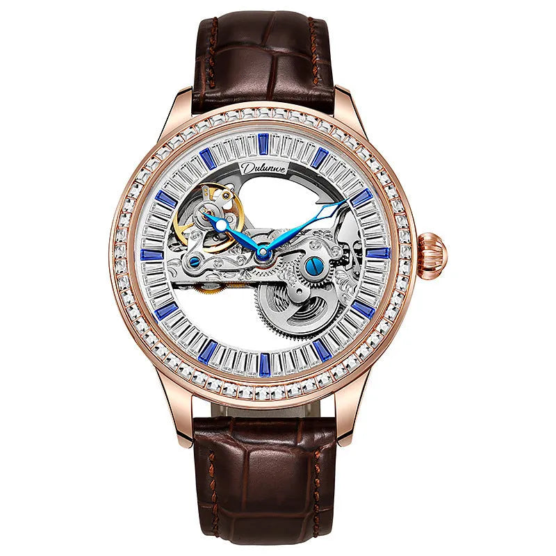 Men's luxury 6046A waterproof mechanical watch with onion crown and transparent case back