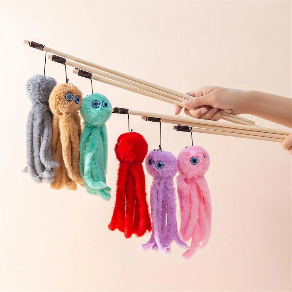 Long stick cat toy with octopus plush in grey, pink, purple or red colours, 40cm length