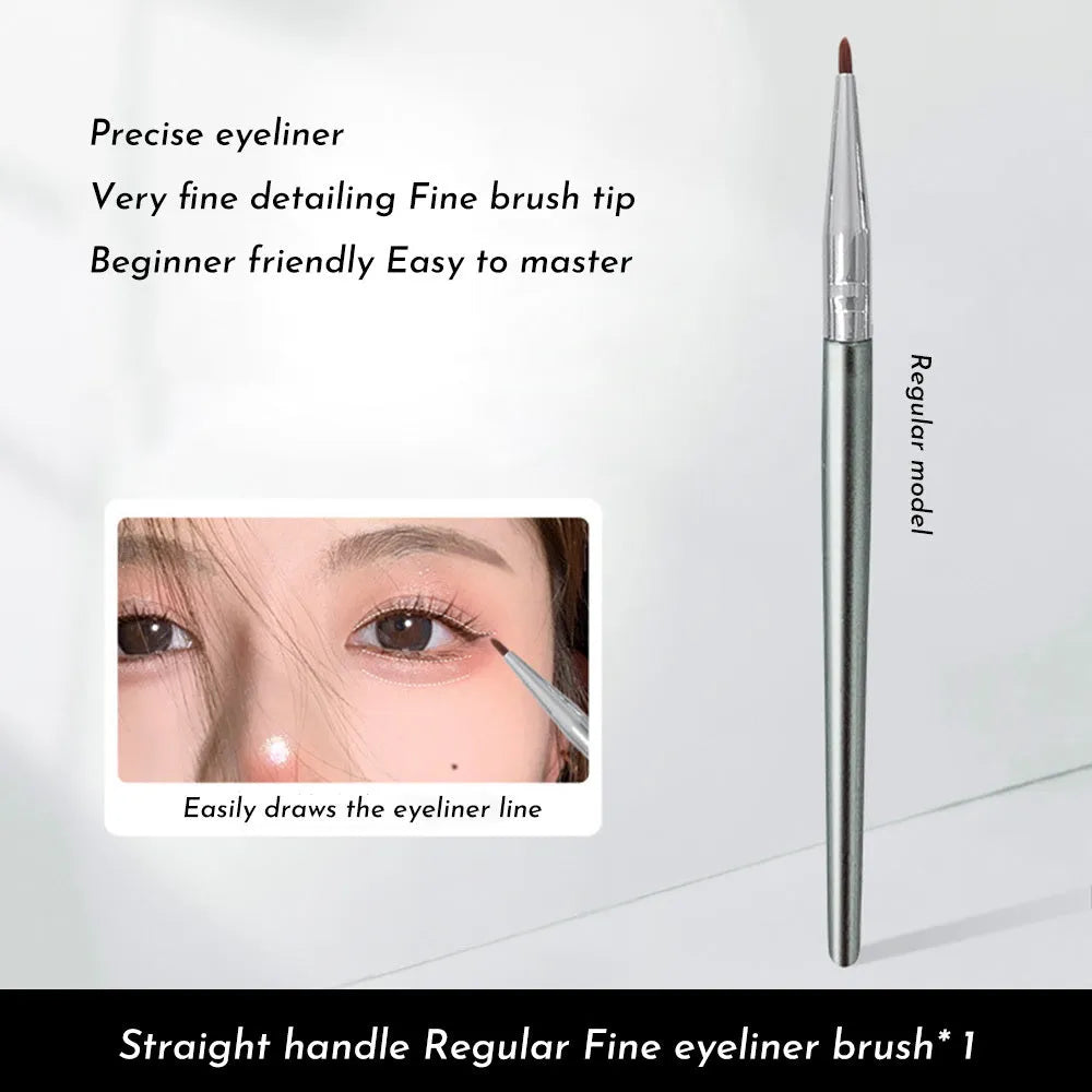 Close-up of a bend head eyeliner brush with a fine tapered tip for detailed eye makeup