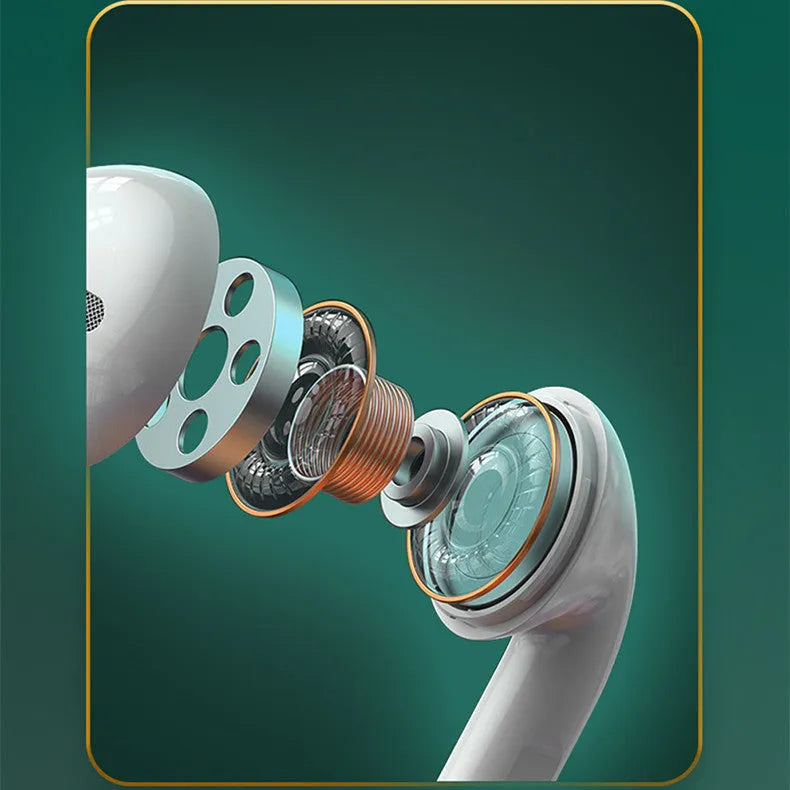 White Budz5 wireless Bluetooth earbuds with semi-in-ear design and charging case on a table.