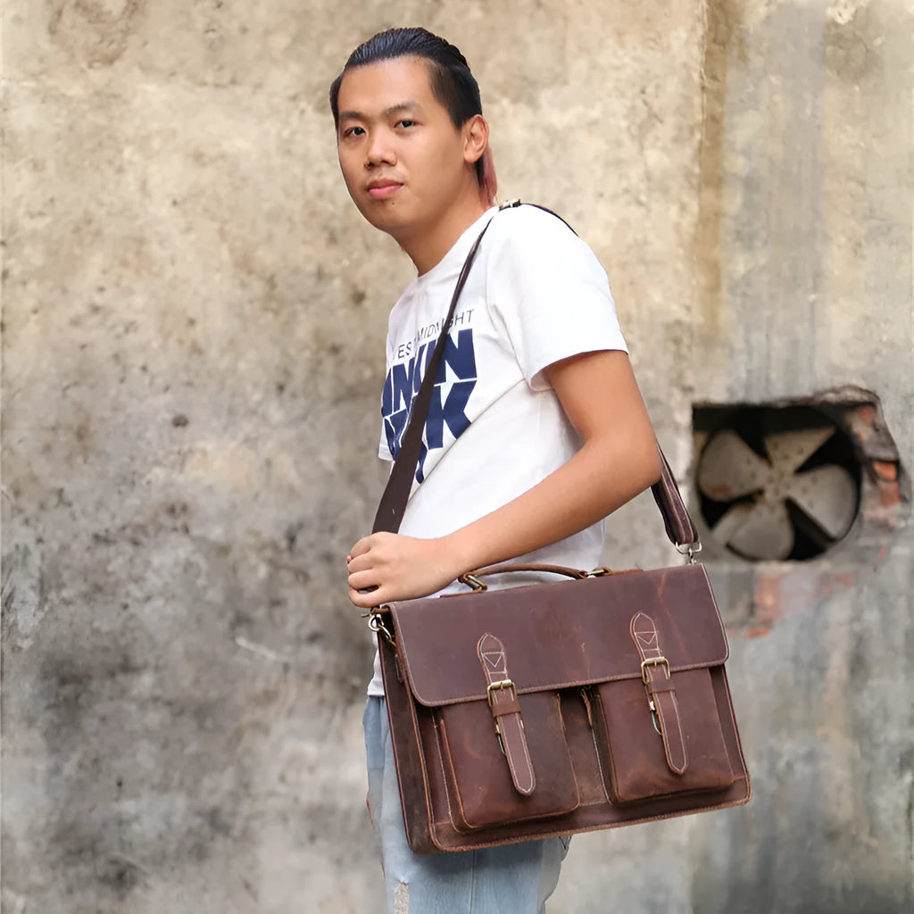 Small yellow brown genuine cowhide leather shoulder messenger bag for men