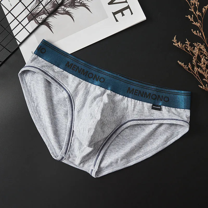 Men's low-waist cotton briefs in a two-tone colour on a solid background.