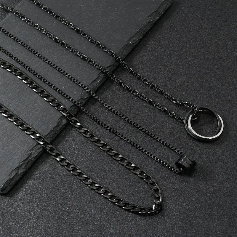 Men's black stainless steel necklace set with titanium steel pendant and cylindrical ring buckle
