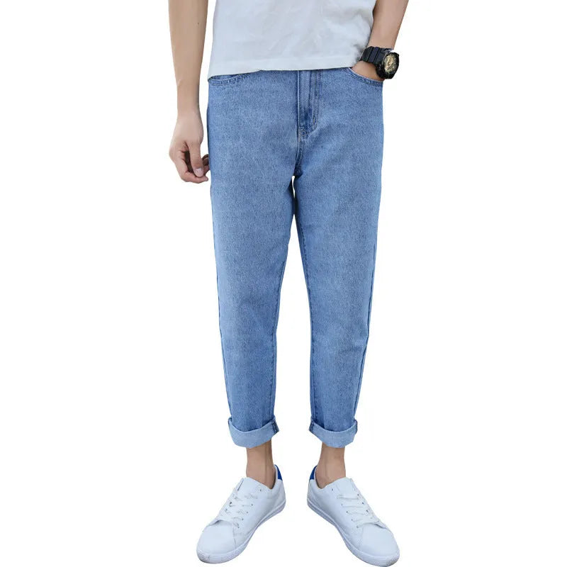 Men's loose straight harem jeans in black or blue cotton denim with high waist