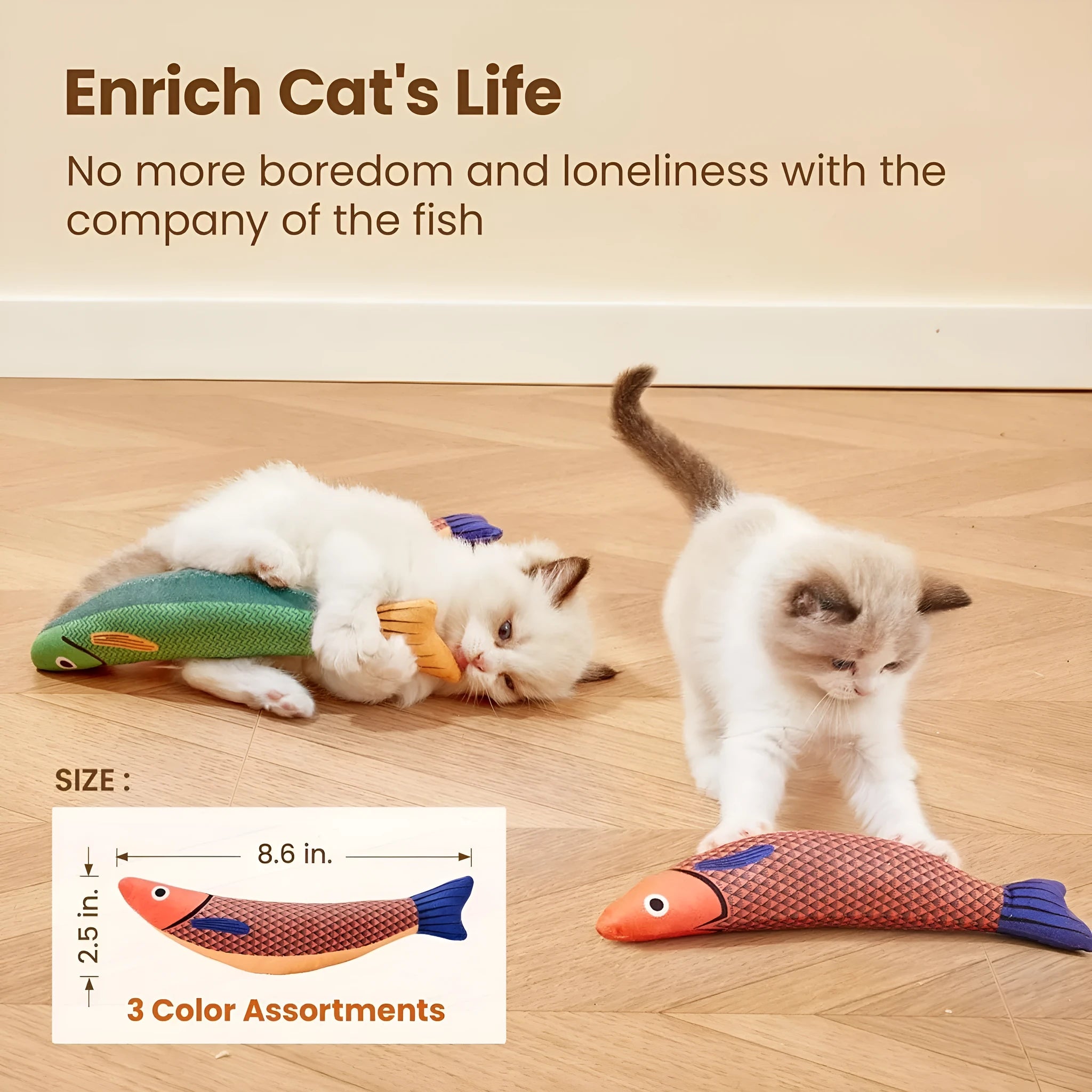 Soft plush fish-shaped cat toy with organic catnip stuffing in green, orange or yellow colours