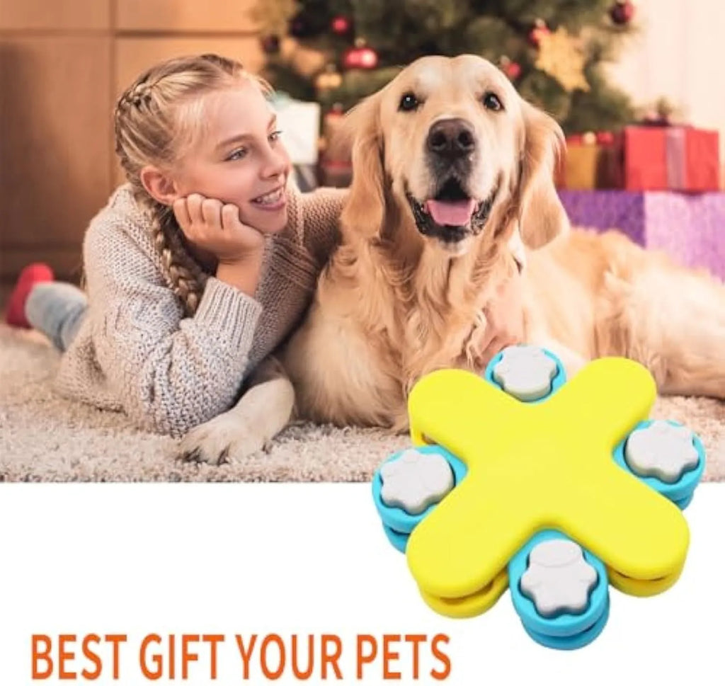 Yellow dog puzzle feeder toy with rotating lids and anti-slip rubber pads on base