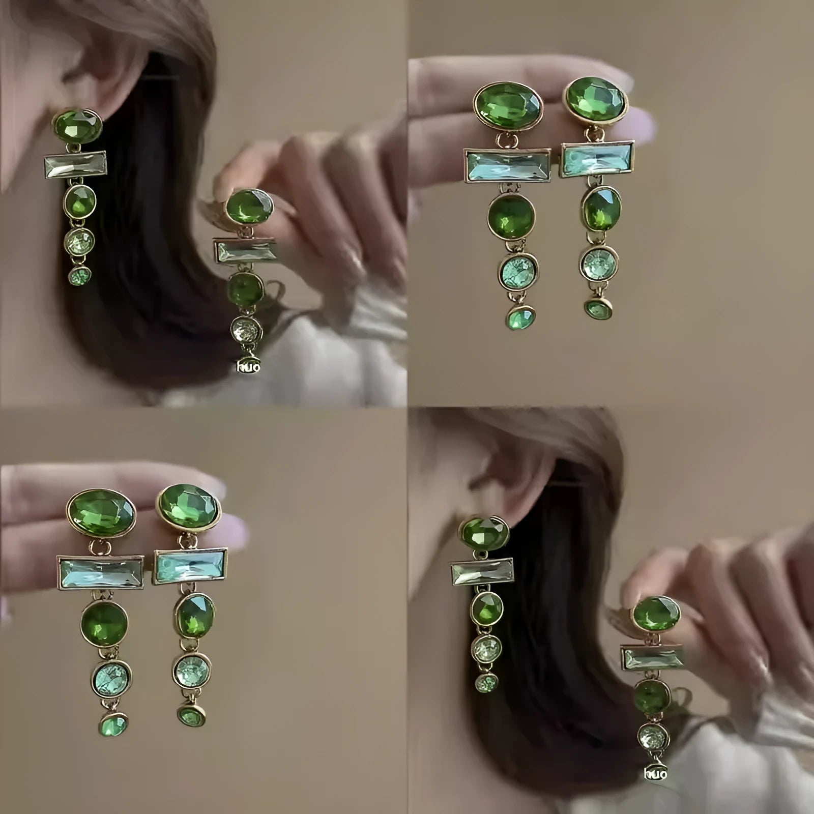A pair of geometric green gradient alloy earrings with a long tassel and inlaid zircon stones.